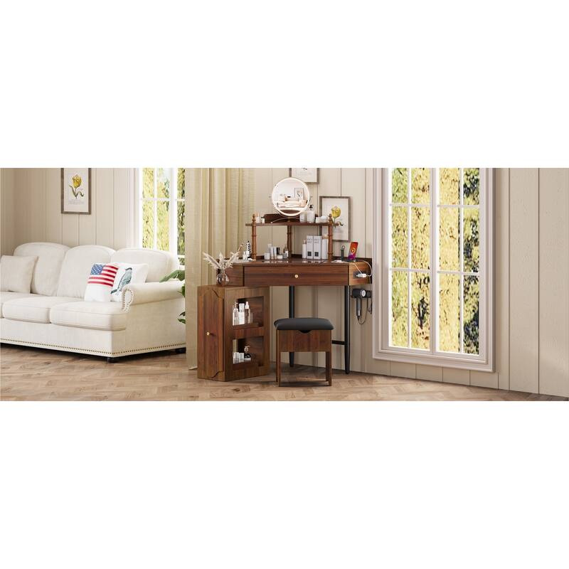 Rossetta Corner Glass Tabletop Vanity Desk Set with Removable Pull-Out Side Cabinet and Charging Station, Matching Stool