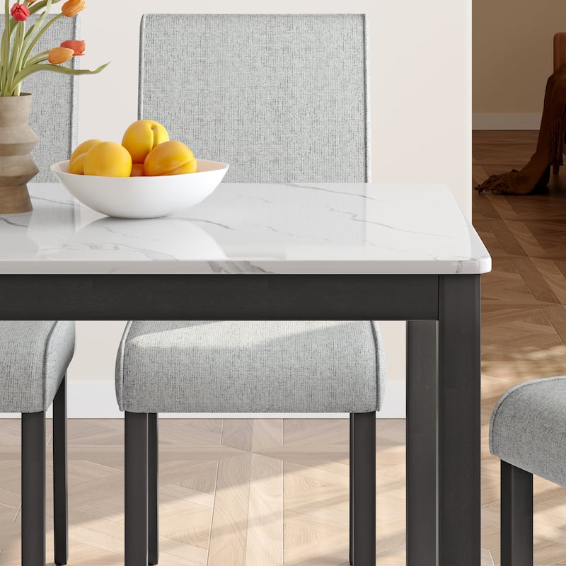Corvus Fowey 5-piece Dining Set, Marble Sticker MDF Table and 4 Upholstered Chairs