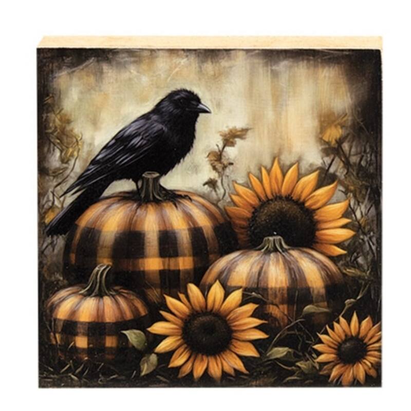 6" Square Freestanding Rustic Crow and Pumpkin Wood Block Farmhouse Fall Tabletop Home Decoration - 6" H x 6" W x .75" D