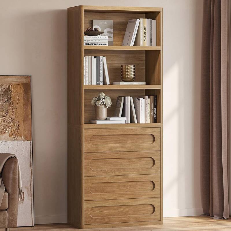 Bookcase with 4 Drawers 72.1" Tall Bookshelf with 3 Storage Shelves - Oak