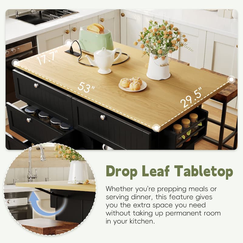 Farmhouse Kitchen Island on Wheels with Drop Leaf, 2 Seating & Power Outlet