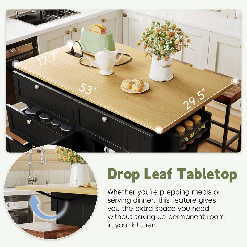 Roomfitters Farmhouse Kitchen Island Cart with Drop Leaf and 2 Stools, Power Outlet and Storage