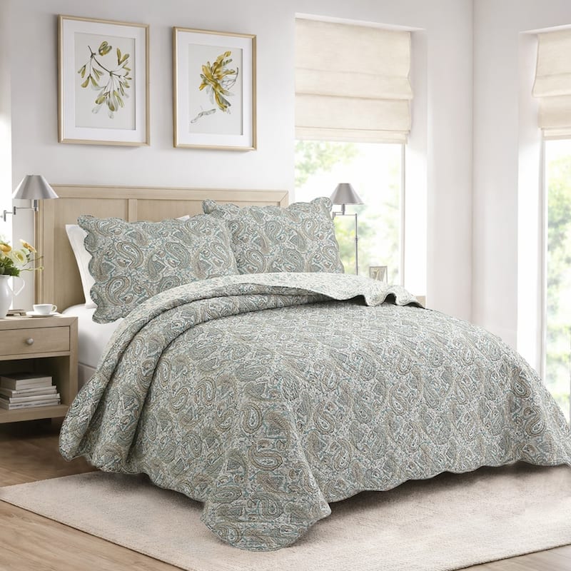 Cozy Line Aquamarine Turquoise Tan Brown Paisley 3 Piece Cotton Queen Quilt Bedding Set