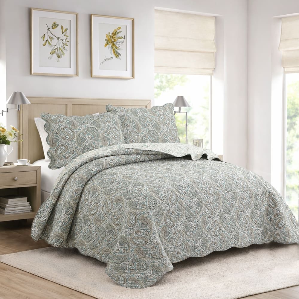 Cozy Line Aquamarine Turquoise Tan Brown Paisley 3 Piece Cotton Queen Quilt Bedding Set