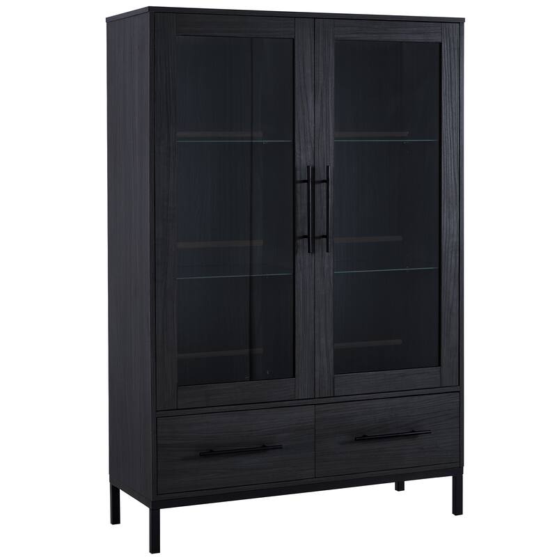 60'' Tall Display Cabinet with Tempered Glass Door, LED Lighting, 2 Drawers, Modern Storage Cabinet Book Display Cabinet