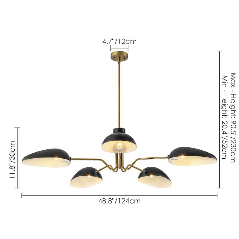 5-Light Mid-Century Modern Linear Sputnik Black Large Chandelier for Dining/Living Room - 48.8 in. W x 11.8 in. H