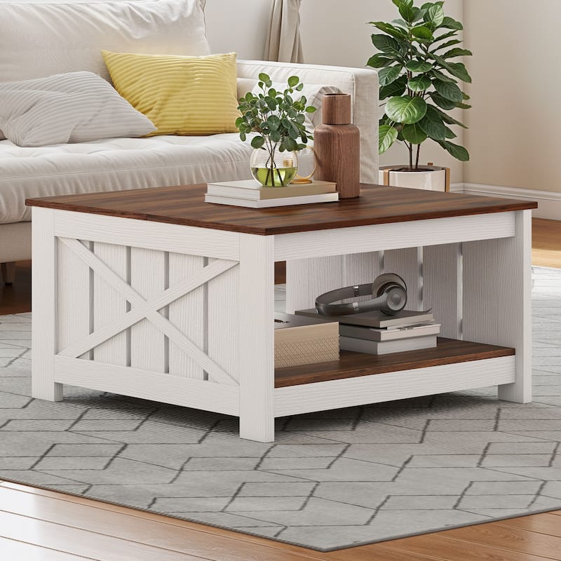 Modern Rustic Square Wood Coffee Table with Storage - Walnut&White