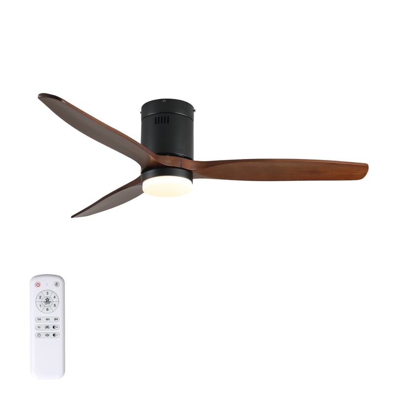 52 Inch Ceiling Fan with Light, 3 Dark Walnut Solid Wood Blades,Remote Control,6-speed Reversible DC Motor - Black + Dark Walnut - Black + Dark Walnut