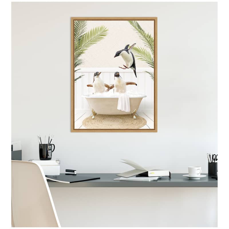 Kate and Laurel Sylvie Penguins in Palms Bath Framed Canvas by Amy Peterson