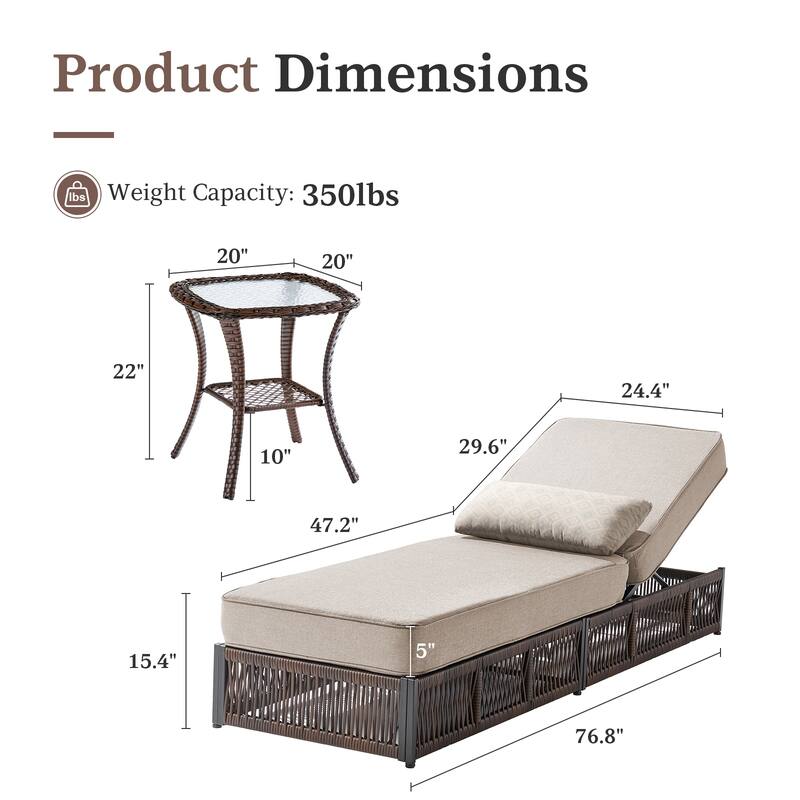 Gymojoy Outdoor Patio Chaise Lounge Chair, Luxury Recliner with 6-Position Backrest & 5-Inch Cushions Set of 2 with Side Table