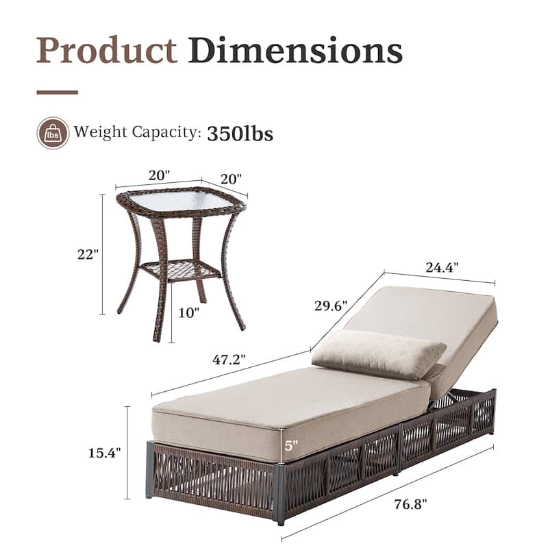 Gymojoy Outdoor Patio Chaise Lounge Chair, Luxury Recliner with 6-Position Backrest & 5-Inch Thick Cushions and Side Table
