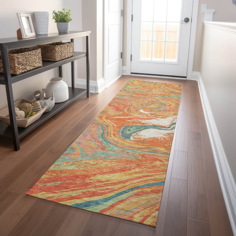 Machine Washable Indoor/ Outdoor Abstract Brushstroke Chantille Rug - Orange - 2'3" x 7'6"