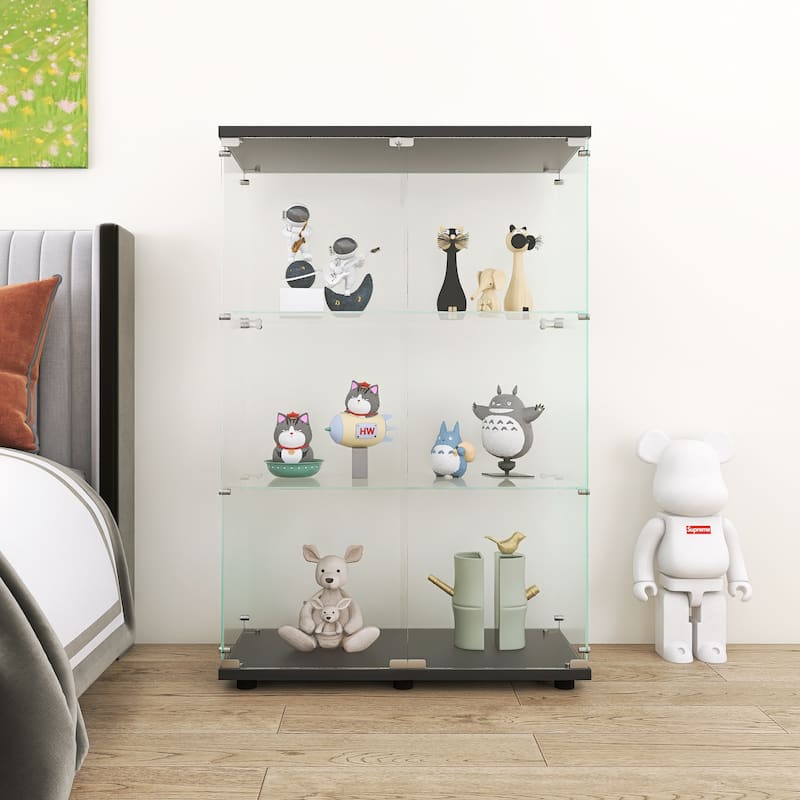 3 Shelves Floor Standing Glass Display Cabinet with Door - Black