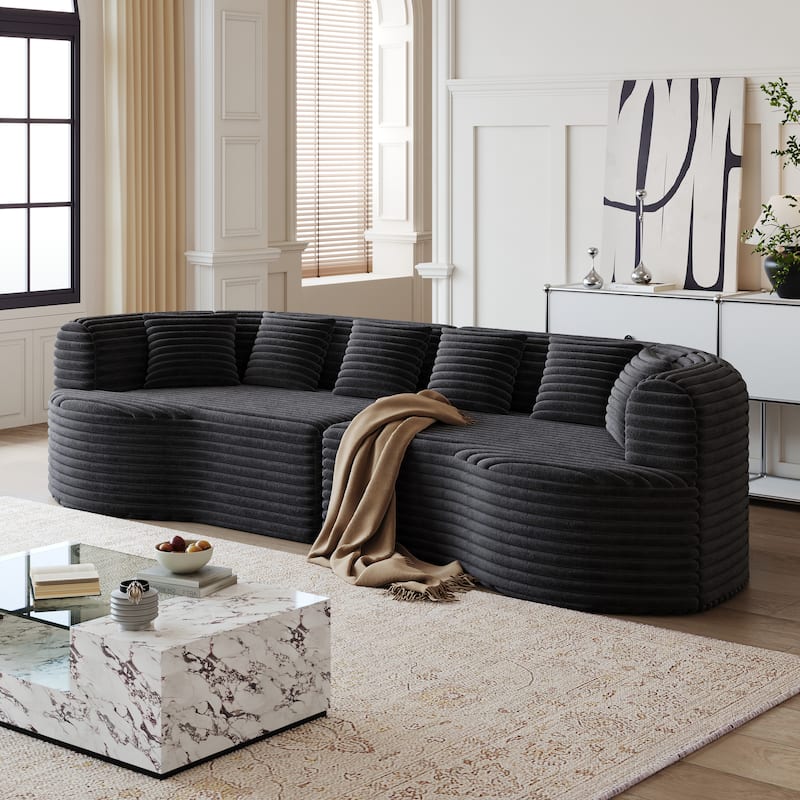 Corduroy Curved Chaise Sectional Sofa with Deep Seating and 6 Pillows