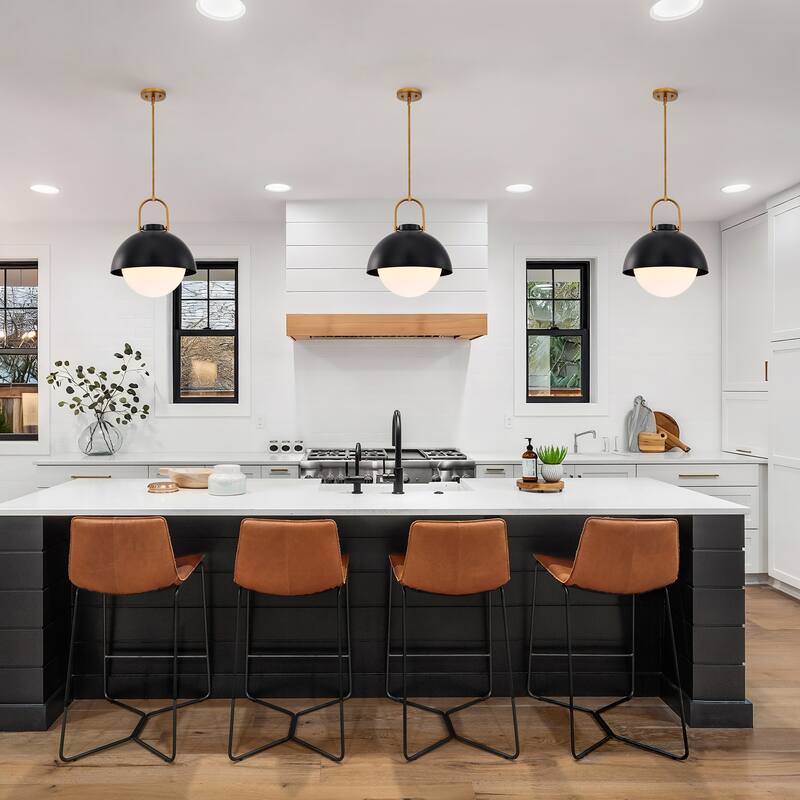 1-Light Matte Black Finish Modern Pendant Light Fixture with Opal Glass Shade for Dining Room or Kitchen Island