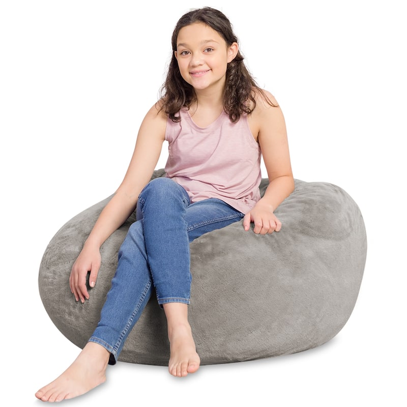 Kids Bean Bag Chair, Big Comfy Chair - Machine Washable Cover - 38 Inch Large - Soft Faux Rabbit Fur - Gray