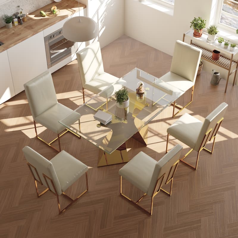 Luxury Gold Dining Table Set with 63 inch Glass Dining Table and White Leather Dining Chairs