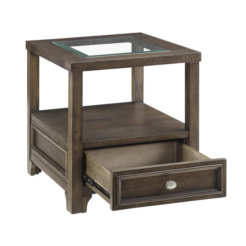 Berny End Table w Glass Top, Drawer, Shelf, Charcoal Brown 26 Inch