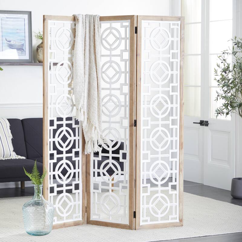 Wood Geometric Hinged Foldable Partition 3 Panel Room Divider Screen with Intricately Carved Designs - White - Roche River Decor