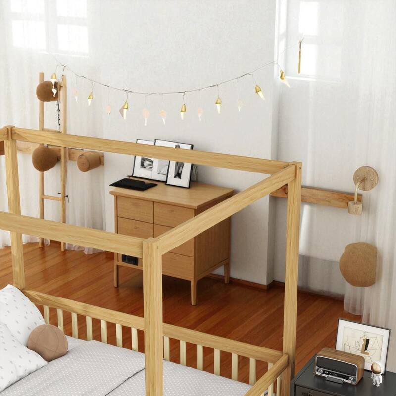 Full Size Wooden Canopy Floor Bed with Guardrails and Fence, Rubber Wood Frame, Kids Montessori Bed
