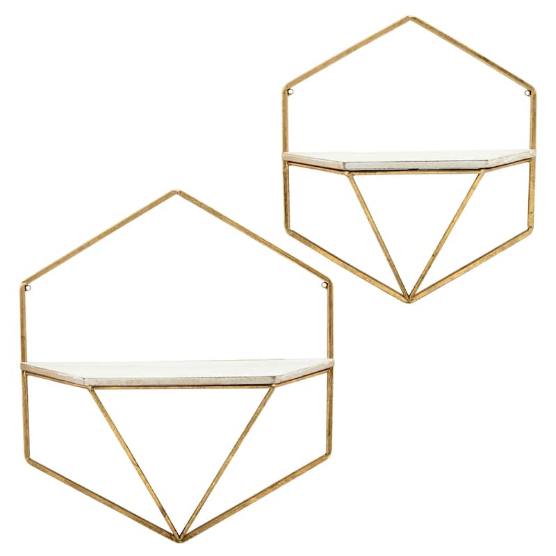 Set of 2 Hexagon Wall Shelves Contemporary Glam Gold and White Metal and Wood Decorative Floating Wall Storage - 17" x 7" x 17" - 17" x 7" x 17" - Gold