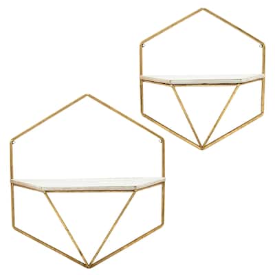 Set of 2 Hexagon Wall Shelves Contemporary Glam Gold and White Metal and Wood Decorative Floating Wall Storage - 17" x 7" x 17"