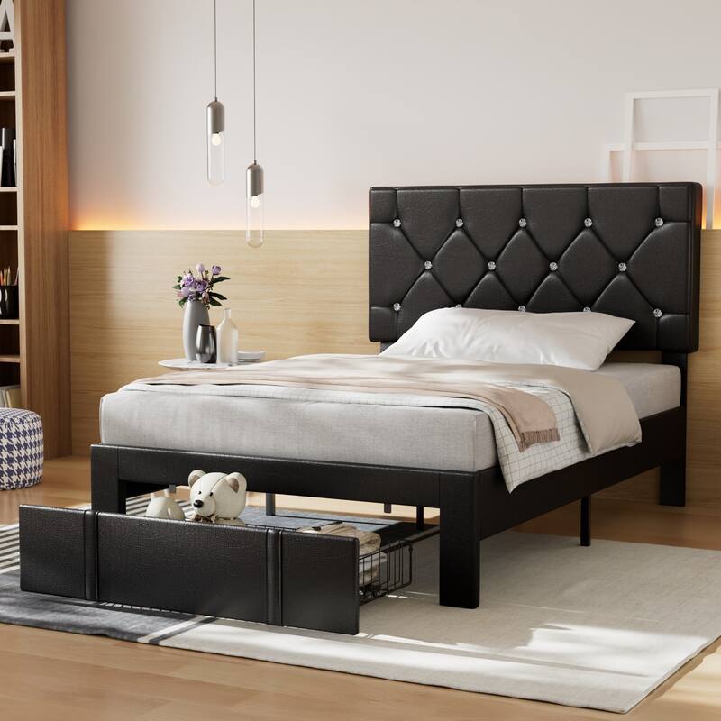 VECELO Bed Frame with Storage Drawers, Leather Upholstered with Diamond Tufted Headboard, Solid Wood Slat Support - Black - Twin