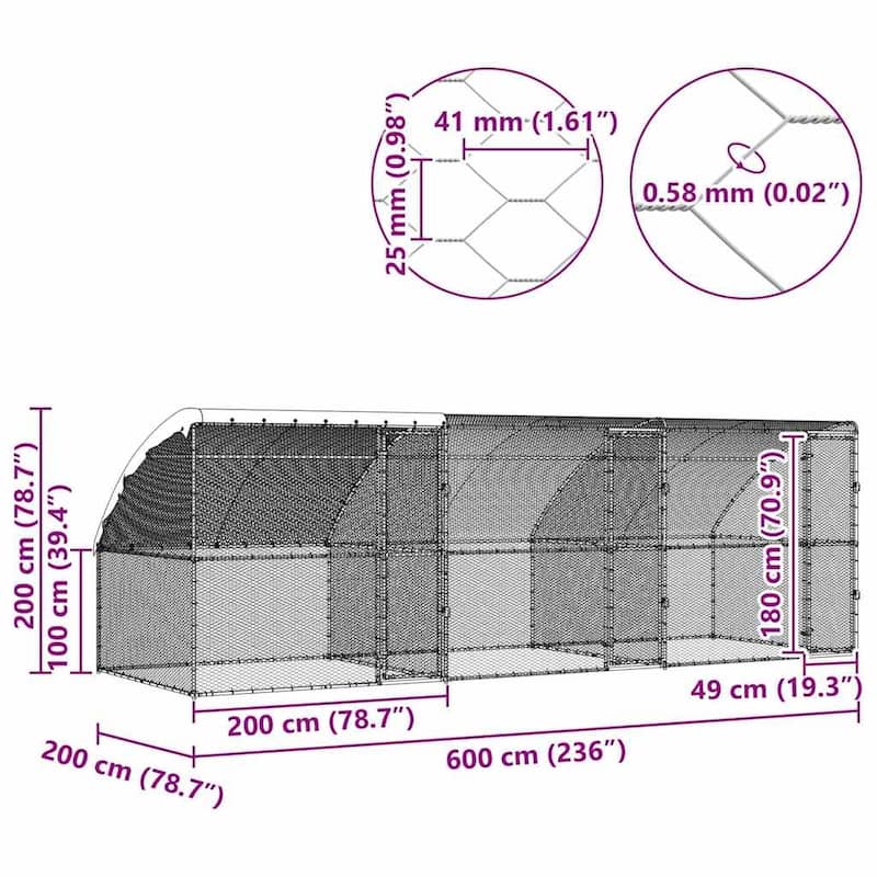 vidaXL Chicken Cage Silver 400/600/800 x 200 x 198.5 cm Galvanized steel