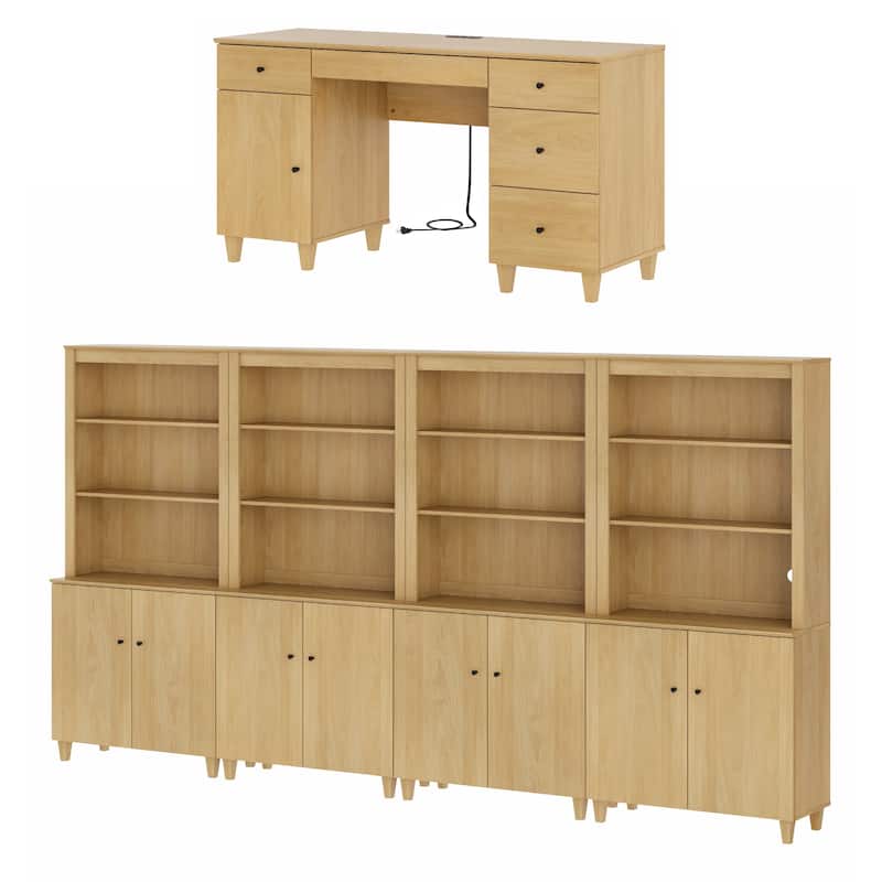 WAMPAT Home Office Furniture Set, 58" Executive Desk with Cabinet, 4-Column 71" Tall Bookcase with Doors and Adjustable Shelves