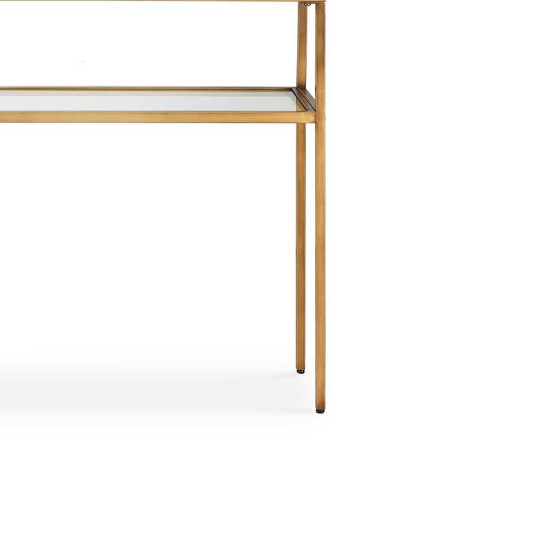 Ted Sofa Console Table w Open Shelf, 48 Inch Glass Top, Gold Iron