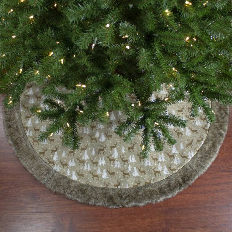 48" Green and Brown Knit Deer and Tree Christmas Tree Skirt - 48