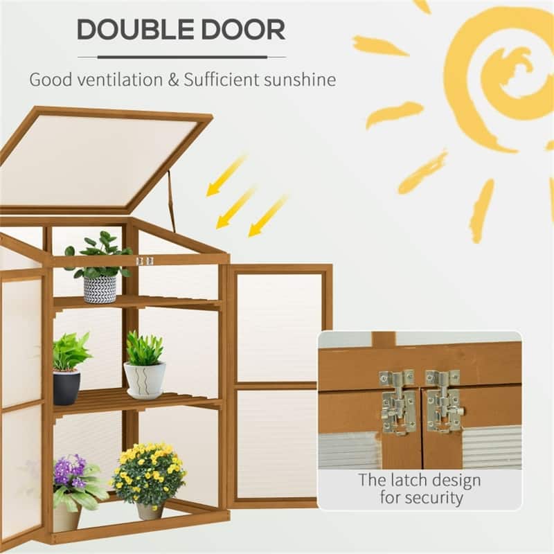 2-Tier Wooden Greenhouse with Polycarbonate Panels Natural Wood Garden Plant Protector for Indoor and Outdoor Use