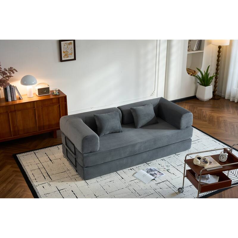 Convertible Sleeper Sofa Bed with Pillow, Corduroy Folding Mattress Couch with Fixed-Shape Frame, Floor Lounge Loveseat Sofa