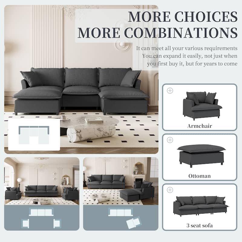 94" Chenille U-Shaped Sectional Sofa with Ottoman & Pillows