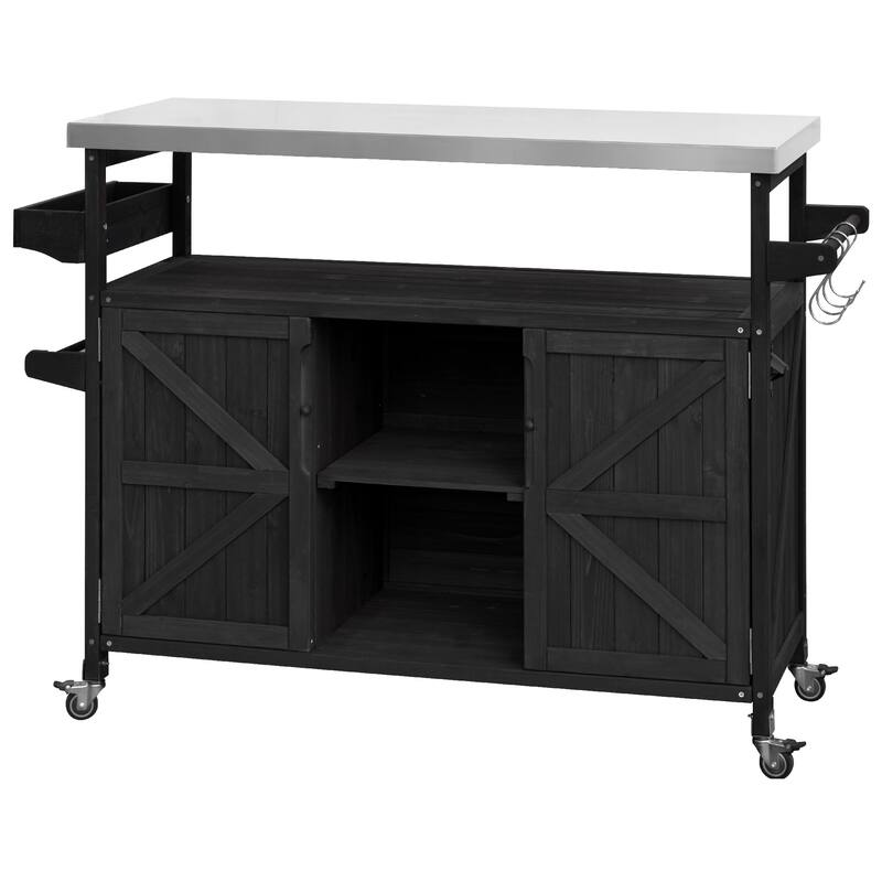 Outdoor Kitchen Island, Rolling Bar Cart & Storage Cabinet, Solid Wood Outdoor Grill Table with Stainless Steel Top