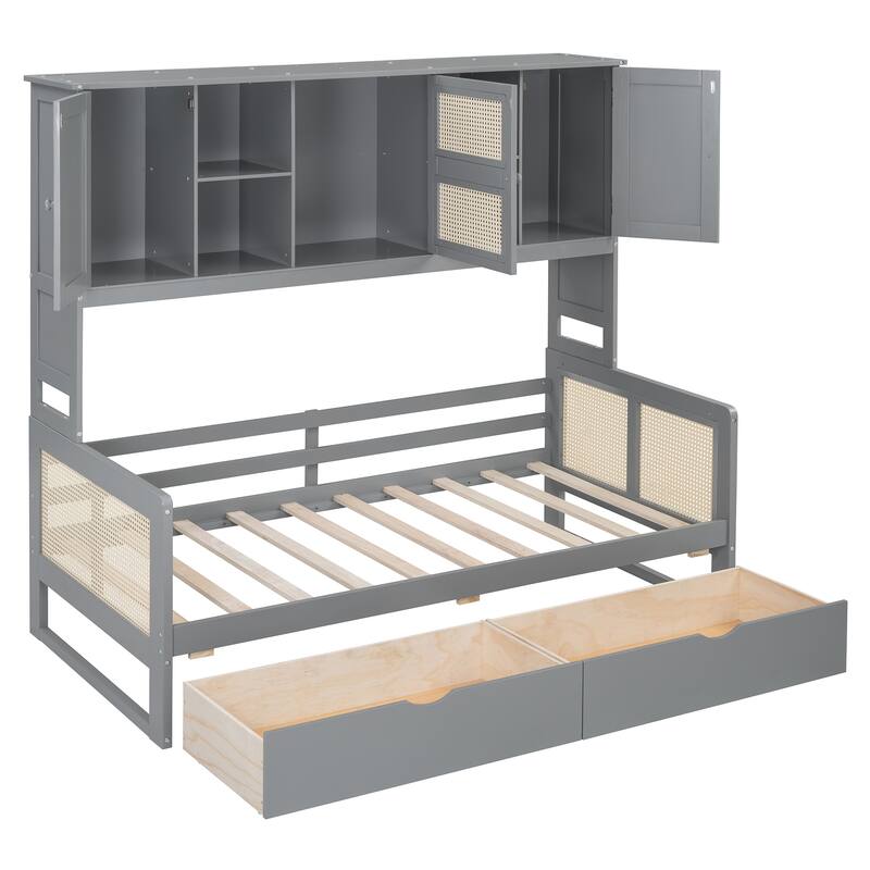 Twin/Full Size Wood Daybed with 2 Storage Drawers and All in One Cabinet, Solid Pinewood Platform Sofa Bed with Rattan Accent