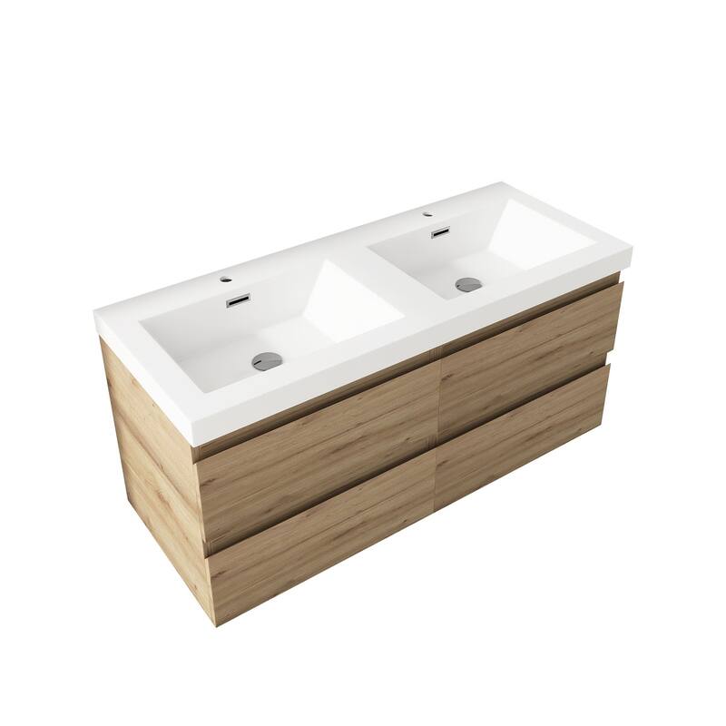 MDF Wall-Mounted Bathroom Vanity Set in Oak with Integrated Culture Marble Sink