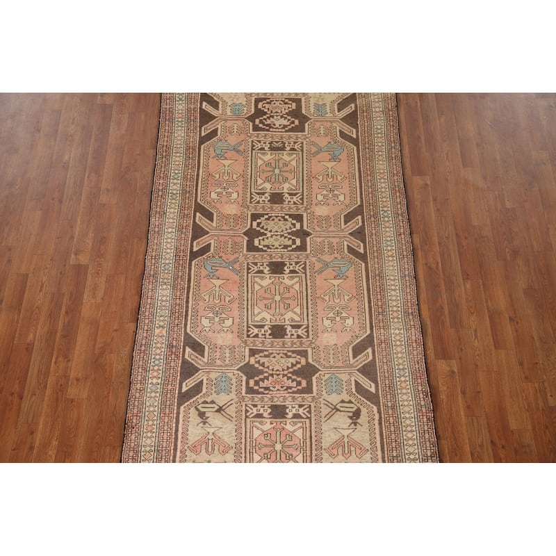 Animals Tribal Ardebil Persian Vintage Runner Rug Handmade Wool Carpet - 4'0"x 10'2"
