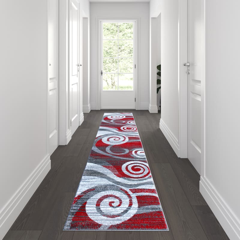 Modern Swirl Design Olefin Area Rug - 2' x 11' - Red