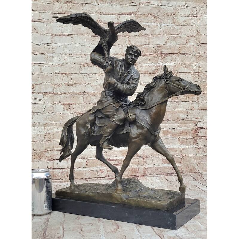 Horse Mounted Khazak Eagle Falcon Hunter Trained Bird Bronze Statue Sculpture Figure 21 Inches X 21 Inches