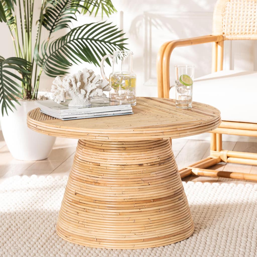 Bella Modern Bohemian Natural Rattan and Mahogany Wood Coffee Table
