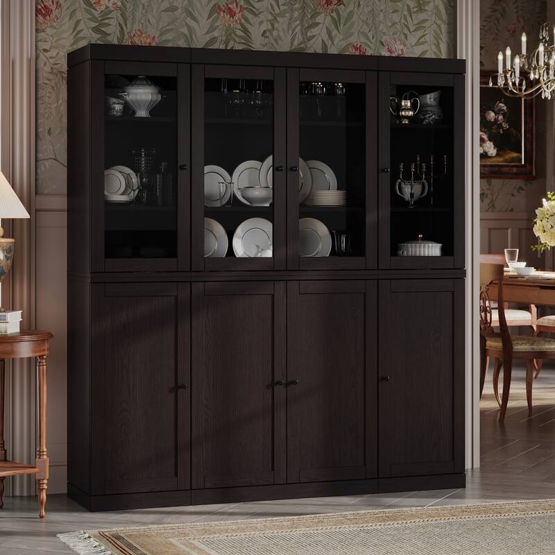 Palace Imports 100% Solid European Oak Hardwood Modular China Cabinet with Shaker and Tinted Glass Doors - 64" Wide, 71.5" Tall - Espresso-Oak