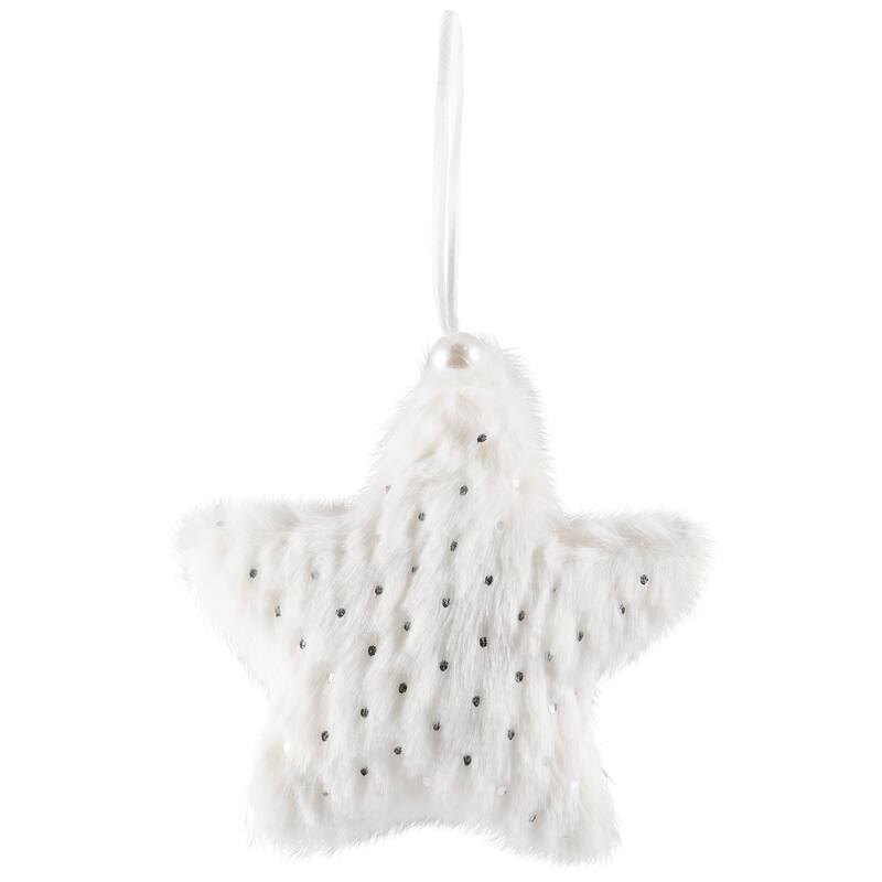 Faux Fur Plush Star Christmas Ornaments - 4.75" - White - Set of 4