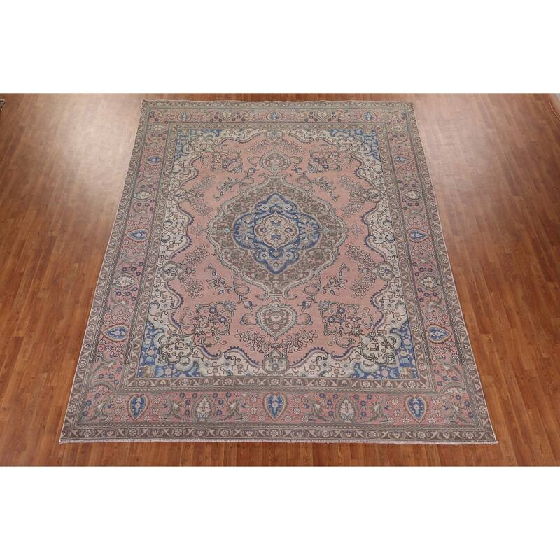 Pink Tabriz Persian Vintage Area Rug Hand-Knotted Wool Carpet - 9'7" x 12'4"