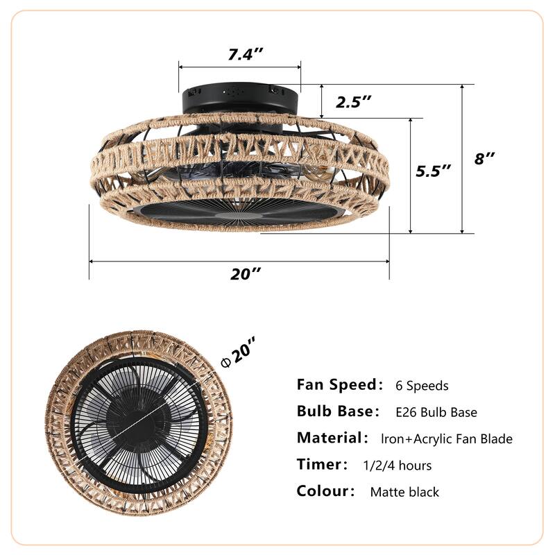 Vintage Rope Ceiling Fan with Light,NOT Included Bulbs