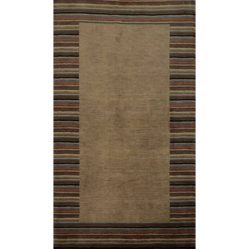 Hand Knotted Oriental 100% Wool Carpet Modern Stripe Brown Nepalese Area Rug - 5' 7'' X 3' 6''