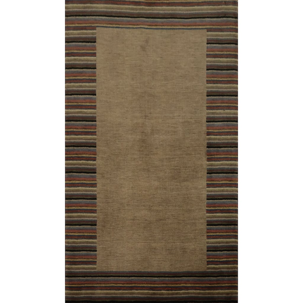 Hand Knotted Oriental 100% Wool Carpet Modern Stripe Brown Nepalese Area Rug - 5' 7'' X 3' 6''