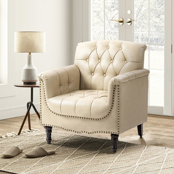 PU Leather Tufted Accent Chair with Nailhead Trim Armchair - On