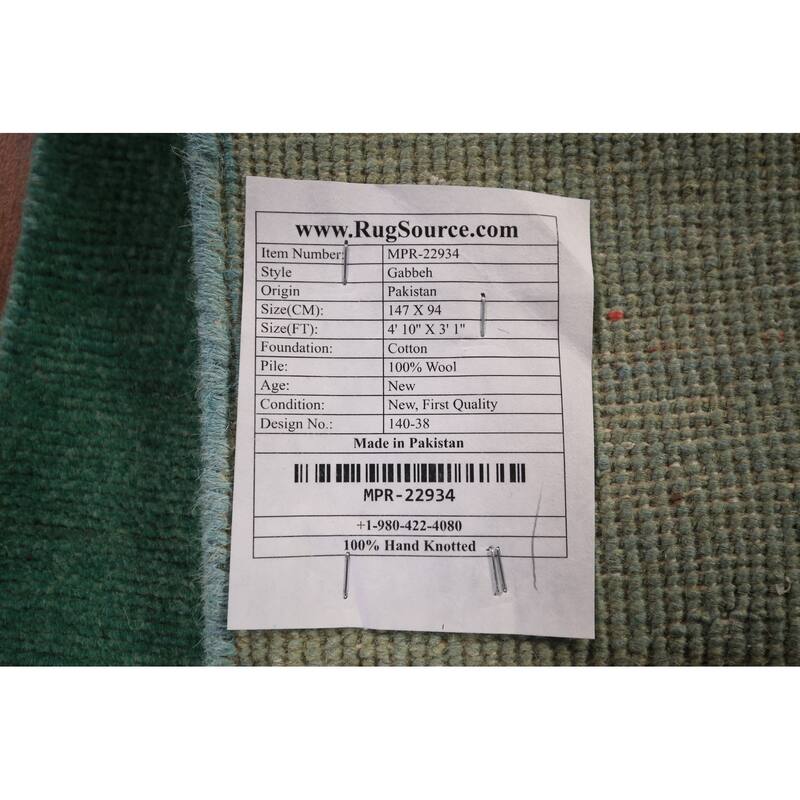 Green Modern Gabbeh Oriental Foyer Rug Hand-Knotted Wool Carpet - 3'1" x 4'10"