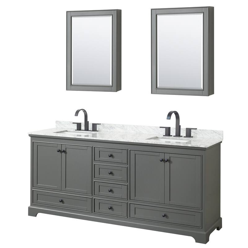 Wyndham Collection Deborah 80" Free Standing Double Vanity Set with - Dark Gray / White Carrara Marble Top / Matte Black - Steel Finish
